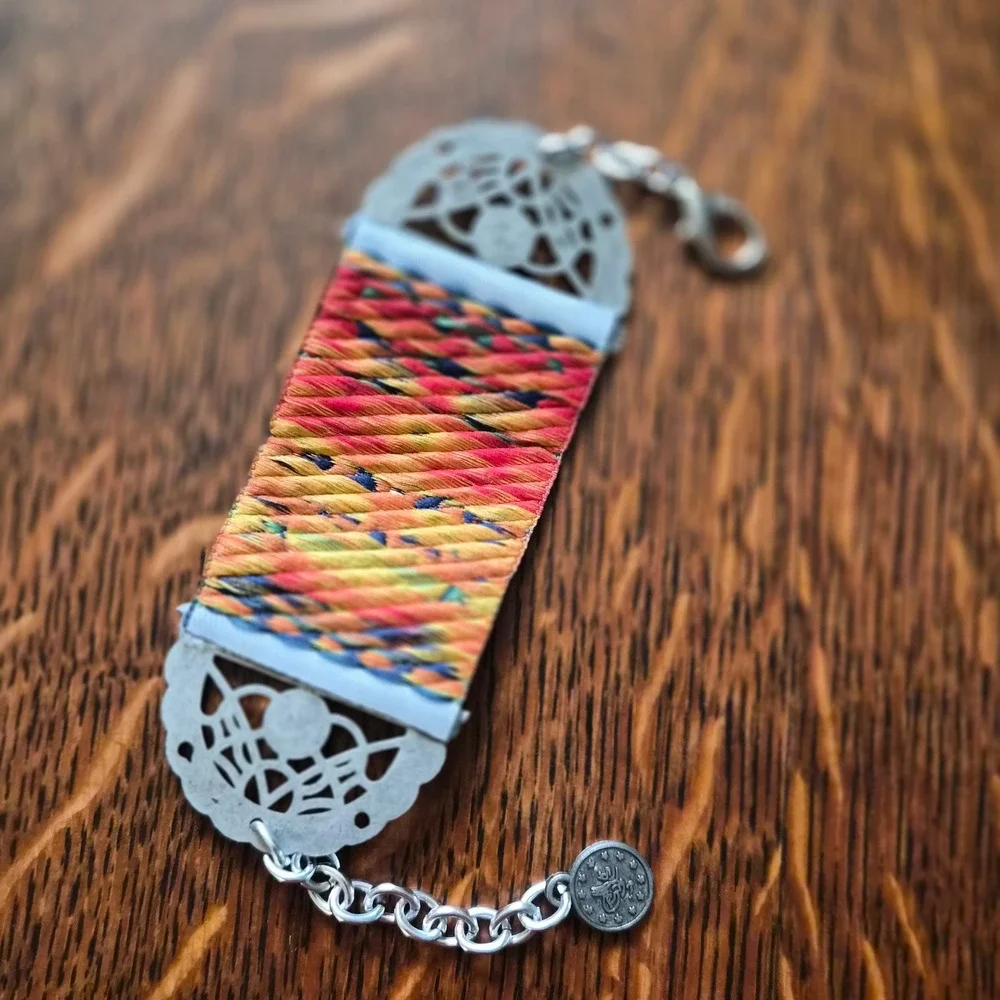 Turkish Kilim Tapestry Cuff Bracelet Evil Eye Nazar Silver Tone Boho Woven Blue